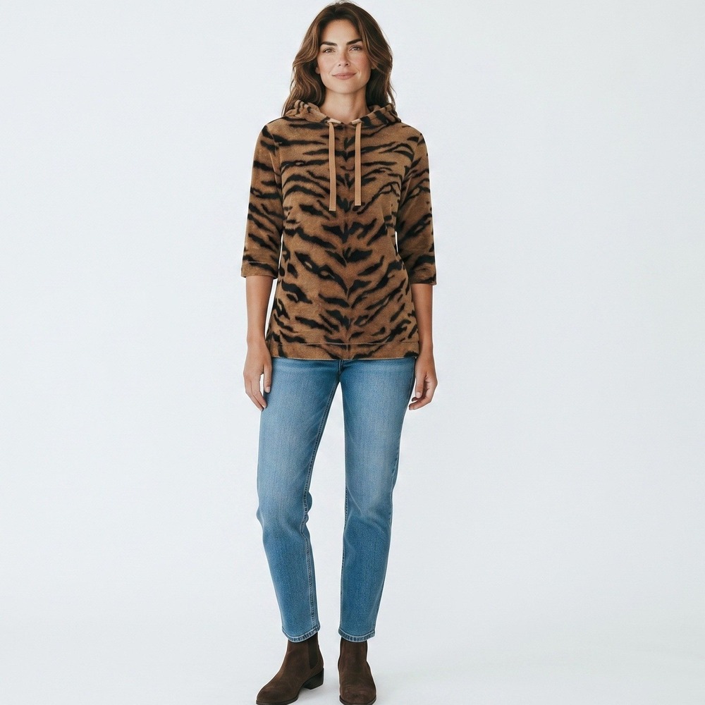 Lauren Active Ralph Lauren Tiger Animal Print 3/4 Sleeve Hoodie Brown Black L